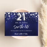 Marineblauw zilveren sterren 21e verjaardag save the date<br><div class="desc">Een modern en elegant Save the Date voor een 21e verjaardagsfeestje. Een marineblauwe achtergrond versierd met faux zilveren sterren. Een datum en naam personaliseren en toevoegen. De kleur van het blauw is ongelijk. De tekst: Save the Date is geschreven met een groot trendy handgeschreven stijlscript.</div>