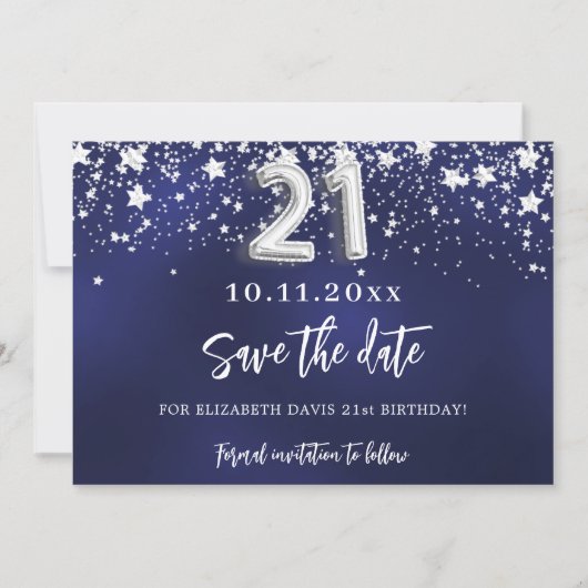 Marineblauw zilveren sterren 21e verjaardag save the date (Voorkant)