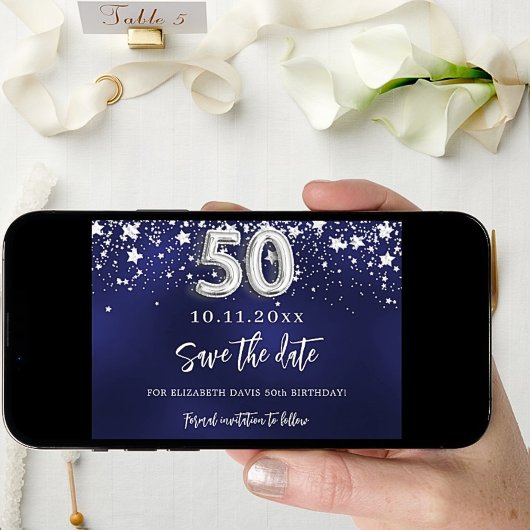 Marineblauw zilveren sterren 50ste verjaardag save the date