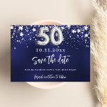 Marineblauw zilveren sterren 50ste verjaardag save the date<br><div class="desc">Een moderne en elegante Save the Date voor een 50e verjaardagsdeel. Een marineblauwe achtergrond versierd met faux zilveren sterren. Een datum en naam personaliseren en toevoegen. De kleur van het blauw is ongelijk. De tekst: Save the Date is geschreven met een groot trendy handgeschreven stijlscript.</div>