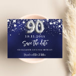 Marineblauw zilveren sterren 90ste verjaardag save the date<br><div class="desc">Een moderne en elegante Save the Date voor een 90e verjaardagsdeel. Een marineblauwe achtergrond versierd met faux zilveren sterren. Een datum en naam personaliseren en toevoegen. De kleur van het blauw is ongelijk. De tekst: Save the Date is geschreven met een groot trendy handgeschreven stijlscript.</div>