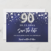Marineblauw zilveren sterren 90ste verjaardag save the date (Voorkant)