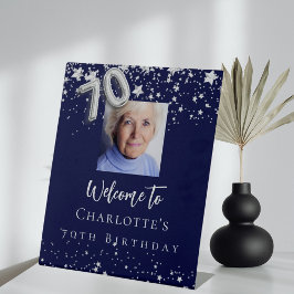 Marineblauw zilveren sterren foto 70e verjaardag w reclamebord met voetstuk