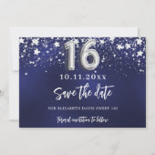 Marineblauw zilveren sterren Sweet 16 Save The Date (Voorkant)