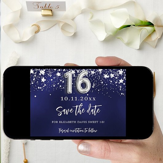 Marineblauw zilveren sterren Sweet 16 Save The Date