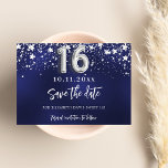 Marineblauw zilveren sterren Sweet 16 Save The Date<br><div class="desc">Een moderne en elegante Save the Date voor een Sweet 16,  16th verjaardagsdeel. Een marineblauwe achtergrond versierd met faux zilveren sterren. Een datum en naam personaliseren en toevoegen. De kleur van het blauw is ongelijk. De tekst: Save the Date is geschreven met een groot trendy handgeschreven stijlscript.</div>