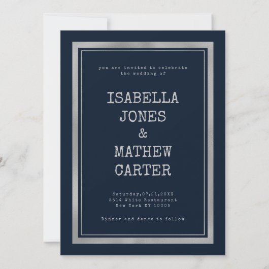 Marineblauw zilveren typemachine lettertype rustie kaart (Voorkant)