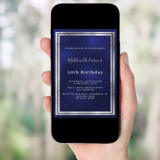 Marineblauw zilveren verjaardag kaart