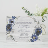Marineblauw zilvergrijs Waterverf bloemenbruiloft Kaart (Staand voorkant)