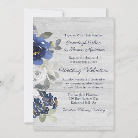 Marineblauw zilvergrijs Waterverf bloemenbruiloft Kaart (Voorkant)