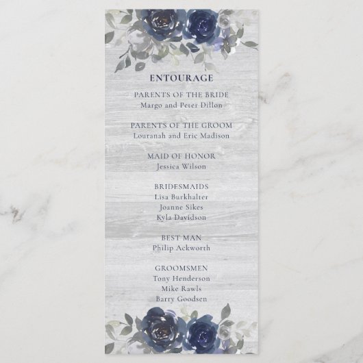 Marineblauw zilvergrijs Waterverf bloemenbruiloft Programmakaart (Achterkant)