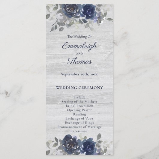 Marineblauw zilvergrijs Waterverf bloemenbruiloft Programmakaart (Voorkant)