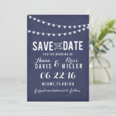 Marineblauw zomer string licht Save the Date (Staand voorkant)