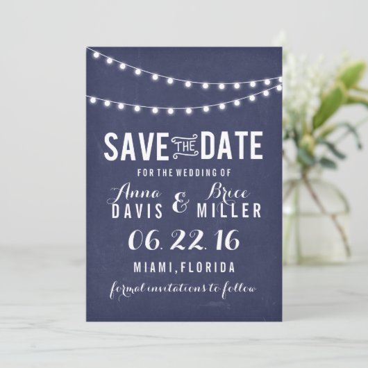 Marineblauw zomer string licht Save the Date (Staand voorkant)