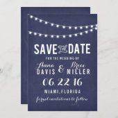 Marineblauw zomer string licht Save the Date (Voorkant / Achterkant)