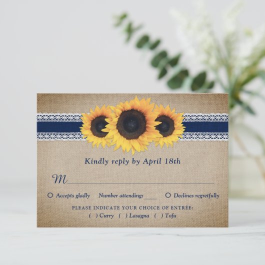 Marineblauw Zonnebloem Bruiloft RSVP Kaart Maaltij (Staand voorkant)