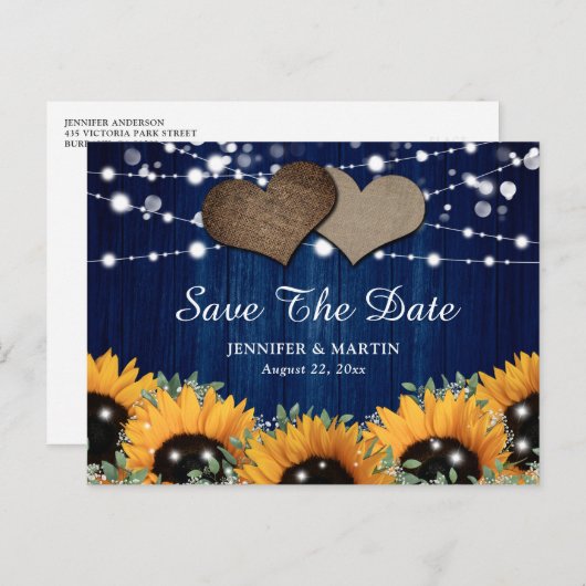 Marineblauw Zonnebloem Eucalyptus Baby's Breath Aankondigingskaart (Voorkant / Achterkant)