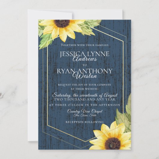 Marineblauw Zonnebloem Geometrisch Lijst Rustieke  Kaart (Voorkant)