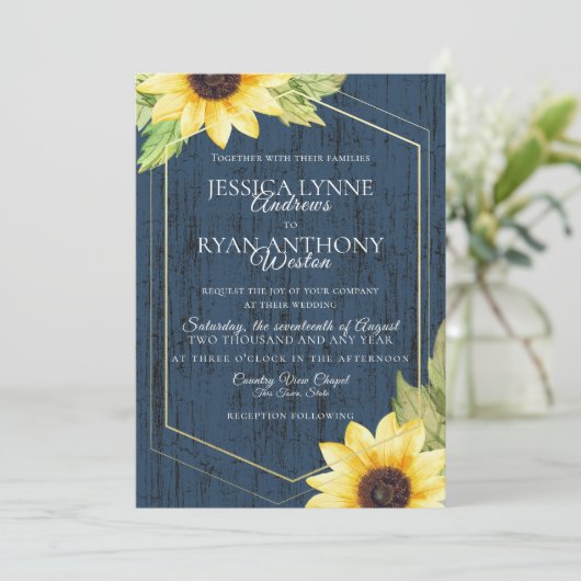 Marineblauw Zonnebloem Geometrisch Lijst Rustieke  Kaart (Staand voorkant)