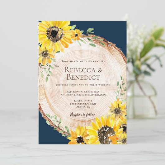 Marineblauw Zonnebloem Rustiek Houten Bruiloft Kaart (Staand voorkant)