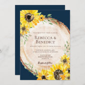 Marineblauw Zonnebloem Rustiek Houten Bruiloft Kaart (Voorkant / Achterkant)