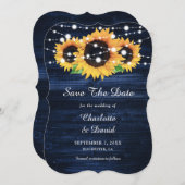 Marineblauw Zonnebloem Rustieke Houten Strijklicht Save The Date (Voorkant / Achterkant)