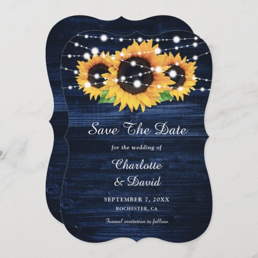 Marineblauw Zonnebloem Rustieke Houten Strijklicht Save The Date (Voorkant / Achterkant)