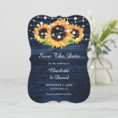 Marineblauw Zonnebloem Rustieke Houten Strijklicht Save The Date (Staand voorkant)