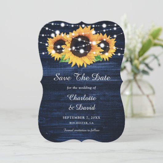 Marineblauw Zonnebloem Rustieke Houten Strijklicht Save The Date (Staand voorkant)