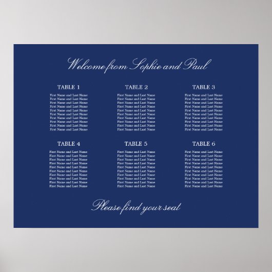 Marineblauwe 6 Tafel Trouw Stoelen Chart Poster (Voorkant)