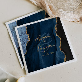 Marineblauwe agaat gouden script huwelijksfeest servet