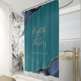 Marineblauwe agaat gouden turquoise gepersonalisee douchegordijn