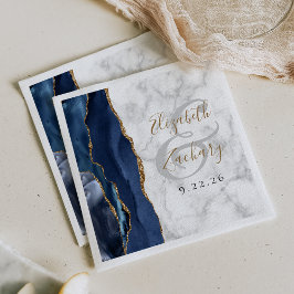 Marineblauwe agaat marmeren gouden schrift bruilof servet