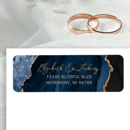 Marineblauwe agaat script huwelijksretouradres etiket
