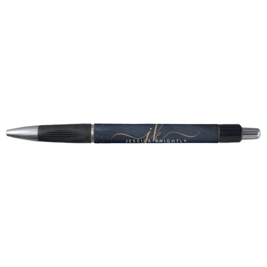 Marineblauwe Agate Gouden Script Monogram Pen (Voorkant)