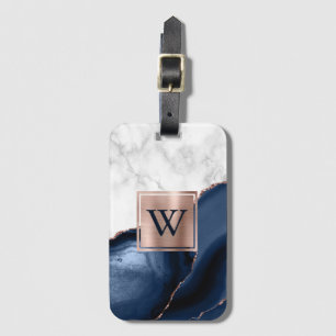 Marineblauwe Agate Roze Goud Witte Marmer Monogram Bagagelabel