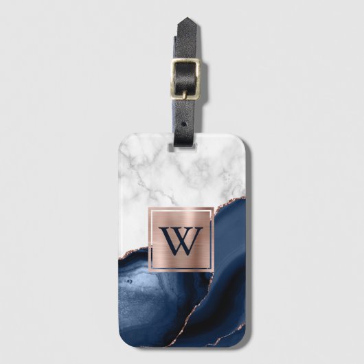 Marineblauwe Agate Roze Goud Witte Marmer Monogram Bagagelabel (Voorkant (verticaal))