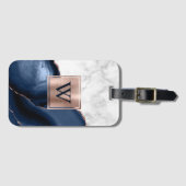 Marineblauwe Agate Roze Goud Witte Marmer Monogram Bagagelabel (Voorkant (horizontaal))