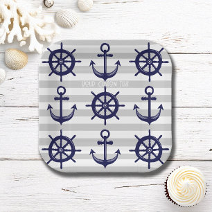 Marineblauwe Anker Bootsstuurwiel Grijs Gestreepte Papieren Bordje