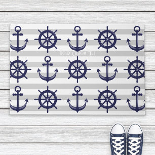 Marineblauwe Anker Bootsstuurwiel Grijsgestreepte Deurmat