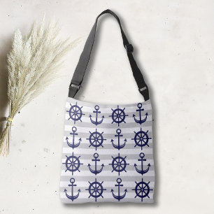 Marineblauwe Anker Bootsstuurwiel Grijze Streep Ma Crossbody Tas
