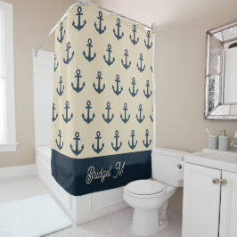 marineblauwe Anker met Monogram Beige Kust Douchegordijn