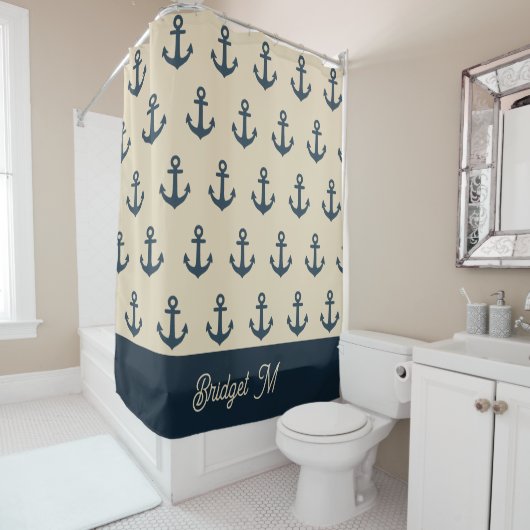 marineblauwe Anker met Monogram Beige Kust  Douchegordijn (In situ)