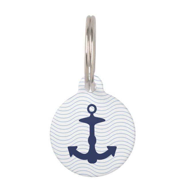 Marineblauwe anker silhouet en aangepaste info huisdierpenning (Voorkant)