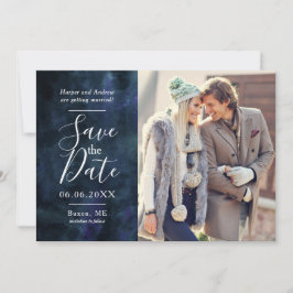 Marineblauwe Aquarel Fotocollage Trouwdatum bekend Save The Date