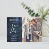 Marineblauwe Aquarel Gouden Glitters Aangepaste Fo Save The Date (Staand voorkant)