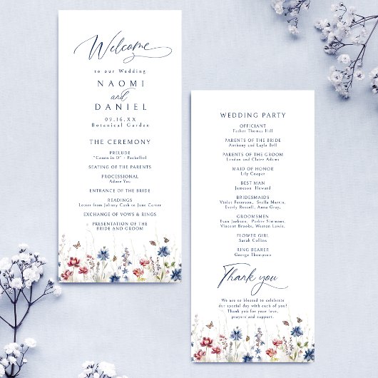 Marineblauwe Aquarel Wilde Bloem Rustieke Bruiloft Menu