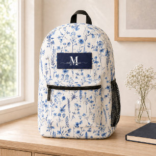 Marineblauwe Aquarel Wilde Bloemen Monogram Naam  Bedrukte Rugzak