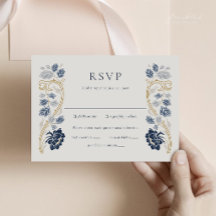 Marineblauwe Art Nouveau RSVP-kaart met maaltijden
