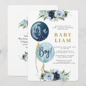 Marineblauwe ballon baby shower jongensuitnodiging kaart (Voorkant / Achterkant)